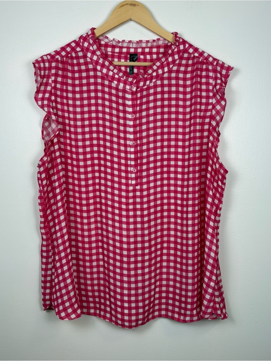 Meg & Margot Tops - Meg & Margot Women’s Pink White Gingham Check Blouse Size 3X, cap sleeve, Flowy